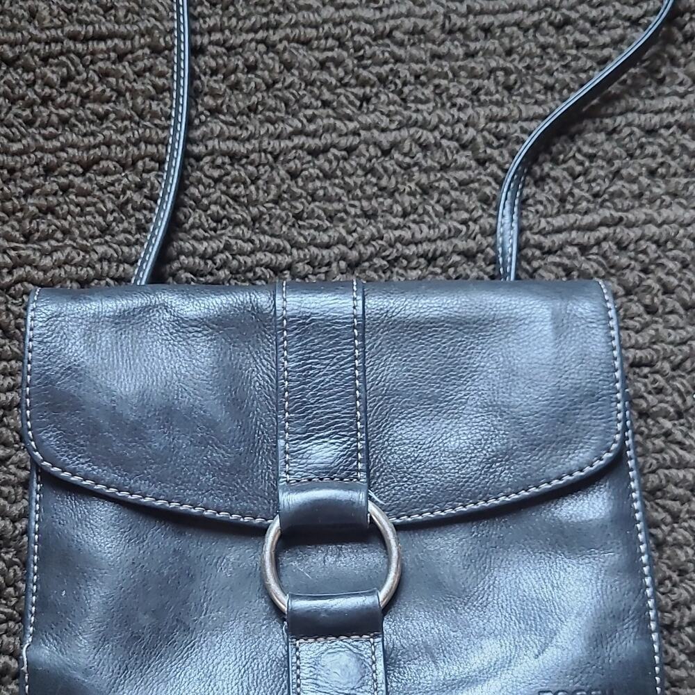 Fossil Womens Black Solid Crossbody Bag Flap Front Buckle Accent Silver Hardware